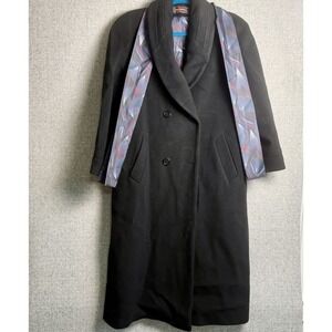 Vintage Alorna Wool Double Breasted Long Black OverCoat Coat MEDIUM/LARGE‎ P